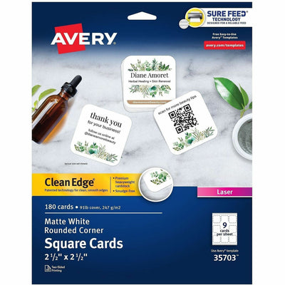 Avery Clean Edge Square Cards, Rounded Corners, 2.5" x 2.5" (35703), White, 8 1/2" x 11", 5 / Pack, AVE35703