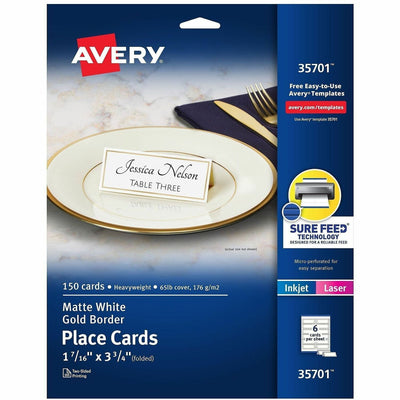 Avery Place Cards, 1-7/16" x 3-3/4", Gold Border, 150 Cards ), White, 8 1/2" x 11", 5 / Pack — view 1