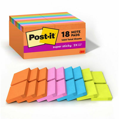 3M Post-it Super Sticky Notes - Energy Boost Color Collection, Multicolor, 18 / Pack, MMM62218SSAUC
