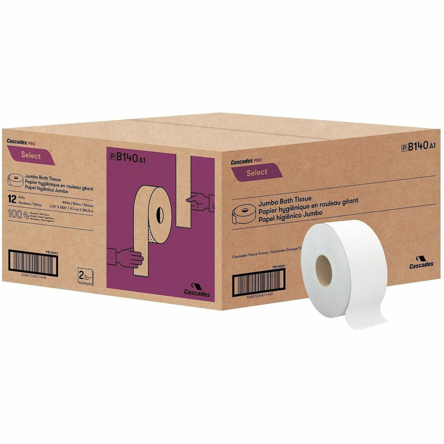 Cascades PRO Select Jumbo Toilet Paper, White, Fiber, Strong, 12 / Carton, CSDB140
