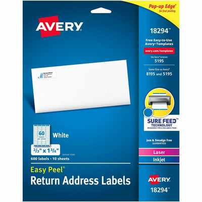 Avery Easy Peel Address Labels, 2/3" x 1-3/4", 600 Labels (18294), Matte, 1 Carton, AVE18294