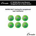 Champion Sports Rhino Skin Low Bounce Dodgeball Set, Neon Green, 6 / Set, CSIRXD6NGSET