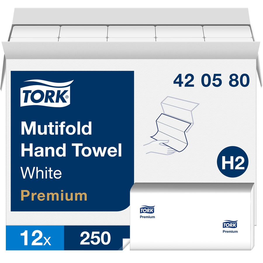 TORK Premium Multifold Hand Towel, White, Paper, Quick Drying, 12 / Carton, TRK420580