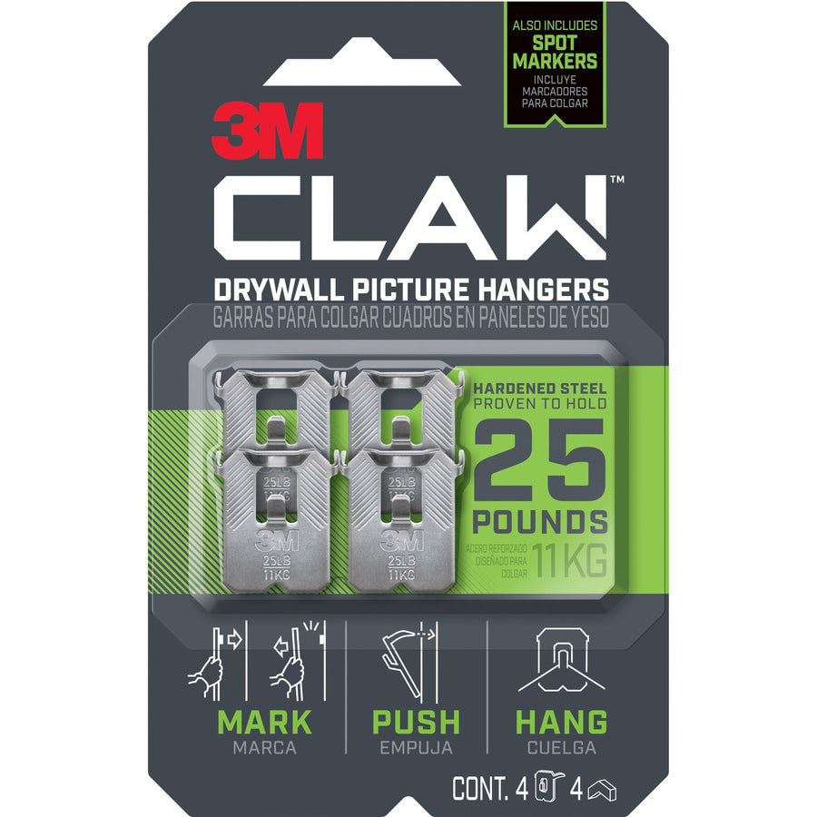 3M CLAW Drywall Picture Hanger, Gray, Steel, 4 / Pack, MMM3PH25M4ES