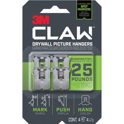 3M CLAW Drywall Picture Hanger, Gray, 4 / Pack, MMM3PH25M4ES