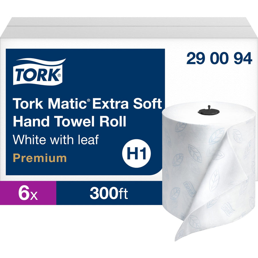 TORK Matic Extra Soft Hand Towel Roll White with Blue Leaf H1, Fiber, 1 33/64", Embossed, 6 / Carton, TRK290094