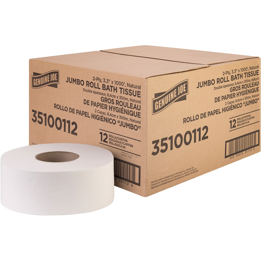 Genuine Joe Jumbo Jr Dispenser Bath Tissue Roll, White, Fiber, Septic Safe, 12 / Carton, GJO35100112