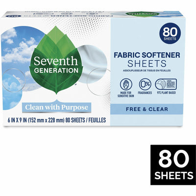 Seventh Generation Free & Clear Fabric Softener Sheets, White, 80 / Box, SEV44930