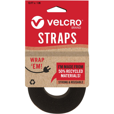 Velcro Strap,Adjustable,Reusable,Recycled,1"x10',Black, VEK30188