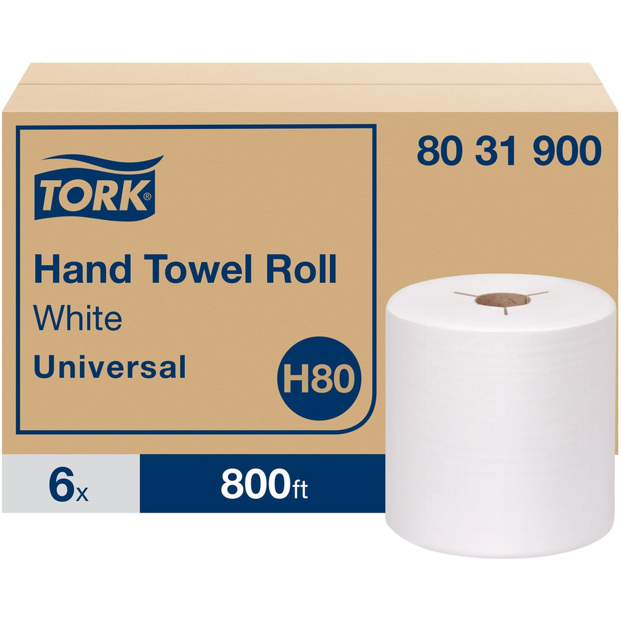 TORK Hand Towel Roll White H80, Fiber, 1 15/16", Foldable, 6 Roll, TRK8031900