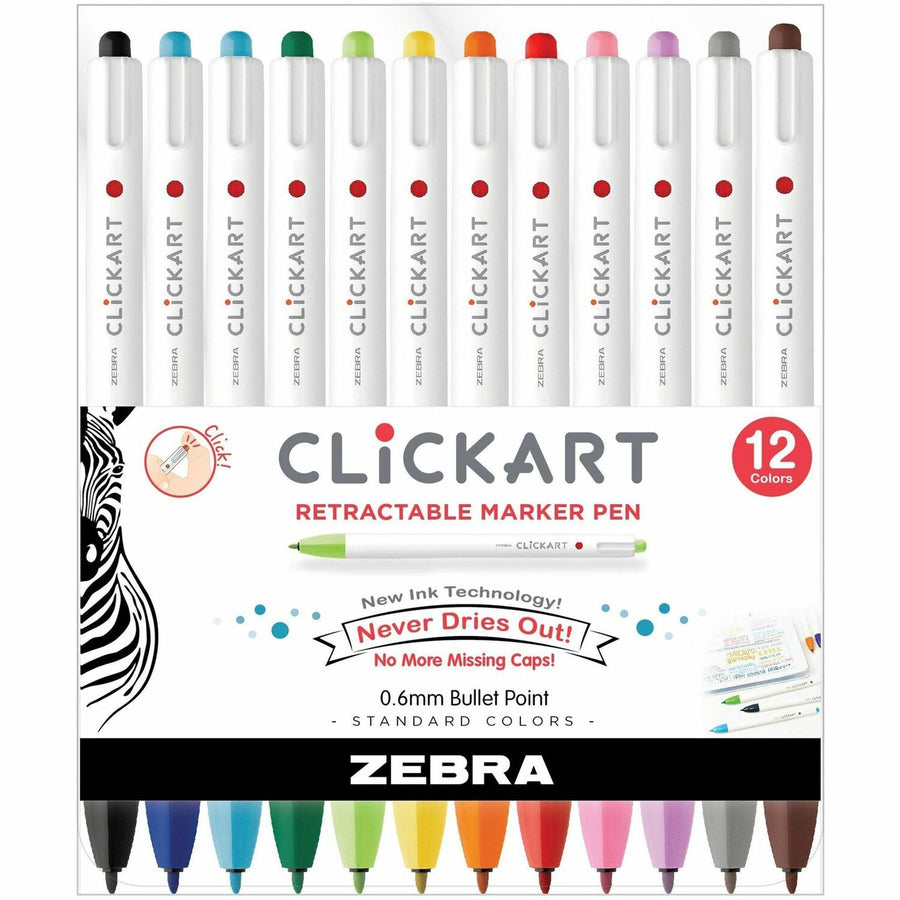 Zebra Pen ClickArt Retractable Markers Bullet Tip Assorted Colours 12/pkg, 5.18" x 6.02", Capless, 12 / Pack, ZEB69012