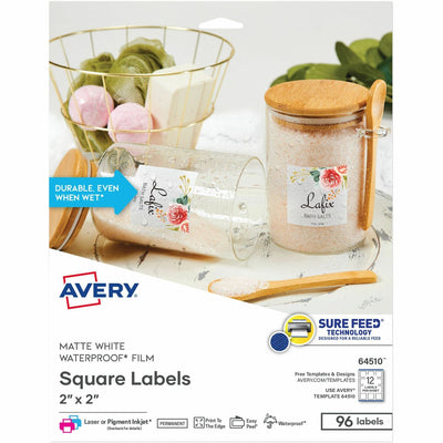 Avery Durable Waterproof Labels, 2" x 2" Square, 96 Total, Matte, 96 / Pack, AVE64510