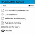 HP LaserJet Pro 4001dwe Desktop Wireless Laser Printer - Monochrome, White, HEW2Z601E