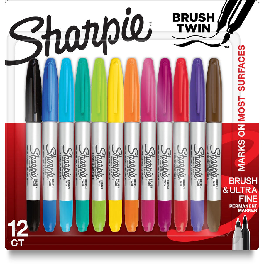 Sharpie Brush Twin Permanent Markers, Assorted, Permanent Ink, 12 / Pack, SAN2168237