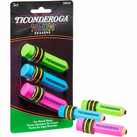 Dixon Ticonderoga Company Ticonderoga Pencil-Shaped Erasers, Neon Assorted, 3 / Pack, DIXX38963