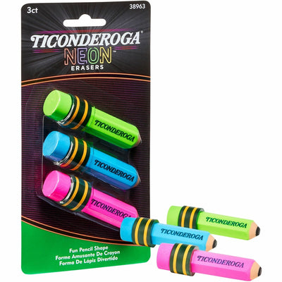 Dixon Ticonderoga Ticonderoga Pencil-Shaped Erasers, Neon Assorted, 3 / Pack, DIXX38963