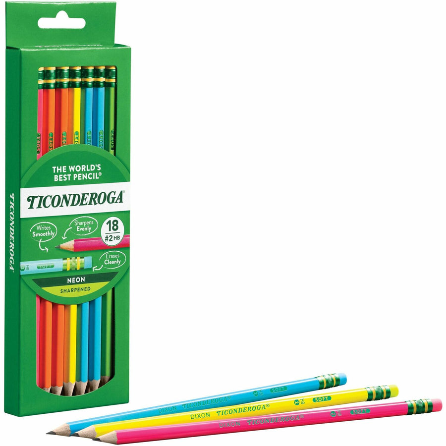 Ticonderoga Neon Pre-Sharpened No. 2 Pencils, Graphite, Smooth Writing, 18 / Box, DIXX13018