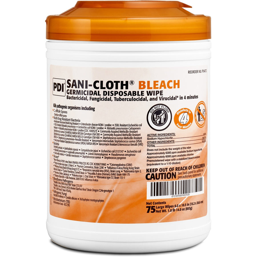 PDI Sani-Cloth Bleach Germicidal Wipes, White, Fungicide, 12 / Carton, PDIP54072CT
