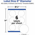 Avery Glossy White Labels, 3" Round, 60 Labels (22891), 60 / Pack, AVE22891