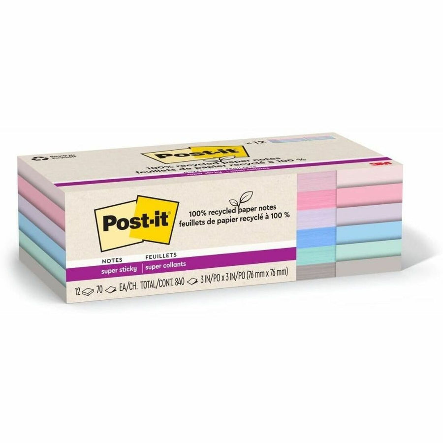 Post-it® Recycled Super Sticky Notes, Wanderlust Pastels, Adhesive, 12 / Pack, MMM654R12SSNRP