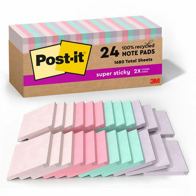 3M Post-it Recycled Super Sticky Notes, Wanderlust Pastels, 24 / Pack, MMM654R24SSNRP