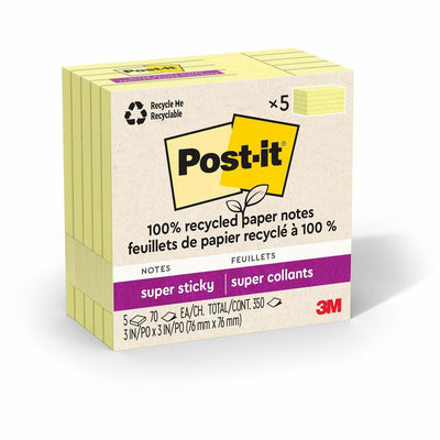 3M Post-it Recycled Super Sticky Notes, Canary Yellow, 5 / Pack, MMM654R5SSCY