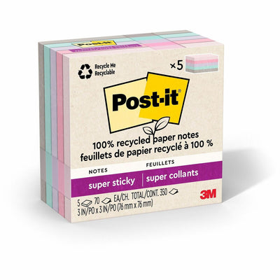 3M Post-it Recycled Super Sticky Notes, Wanderlust Pastels, 5 / Pack, MMM654R5SSNRP