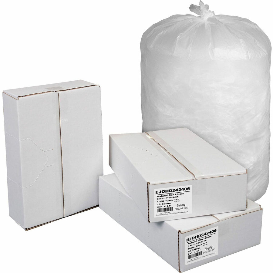 Everyday Genuine Joe High-Density Can Liners, Natural, Resin, 10 gal, Coreless Roll, 1000 / Carton, EJOHD242406