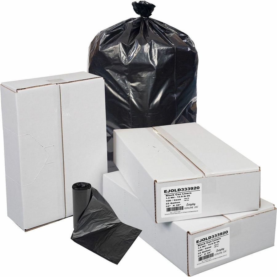 Everyday Genuine Joe Low-Density Can Liners, Black, Resin, 33 gal, Coreless Roll, 100 / Carton, EJOLD333920