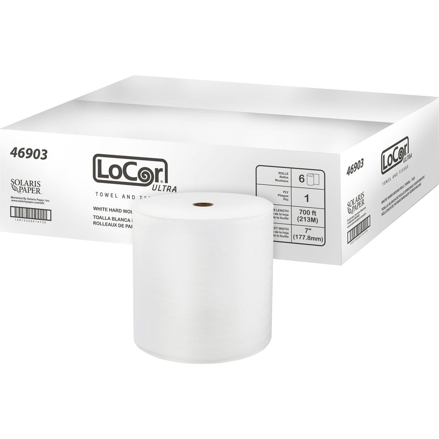 LoCor Paper Ultra Hard Wound Roll Towels, White, Virgin Fiber, Thick, 6 / Carton, SOL46903