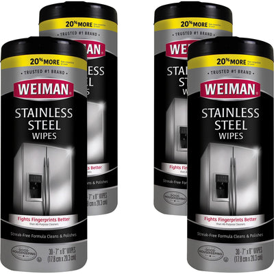Weiman Stainless Steel Wipes, White, 4 / Carton, WMN92ACT