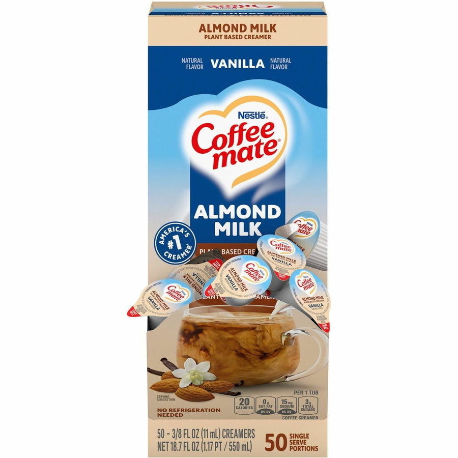 Coffee mate Almond Milk Vanilla Plant-Based Liquid Creamer Singles, White, Non Dairy, 50 / Box, NES42258