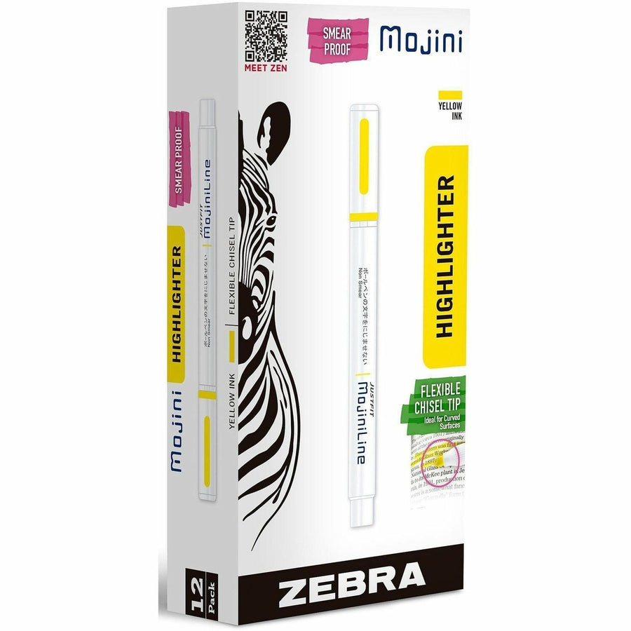 Zebra Pen Mojini Single Ended Highlighters, Yellow, Flexible Tip, 1 Dozen, ZEB70250