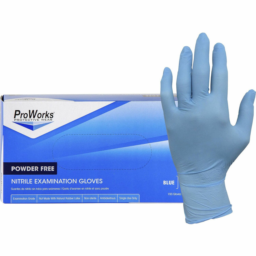 ProWorks NPF Nitrile Powder Free Exam Gloves, Large, Blue, Synthetic Nitrile Rubber, 10 / Carton, HOSGLN106FL
