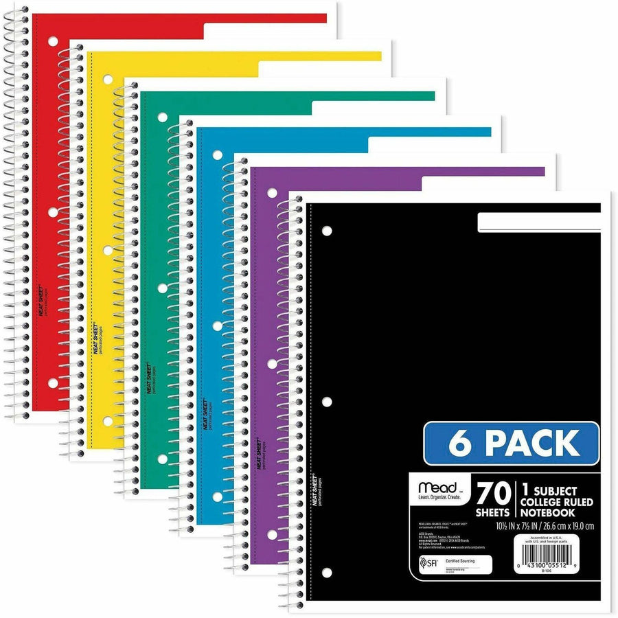Mead Notebook, 8.3" x 10.50", Large, Wire Bound, 70, Spiral Bound, 6 / Pack, MEA73065