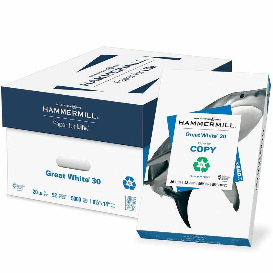 Hammermill Great White 30 Copy Paper, 8.5" x 14", 20 lb, Jam-free, 10 / Carton, HAM86704CT