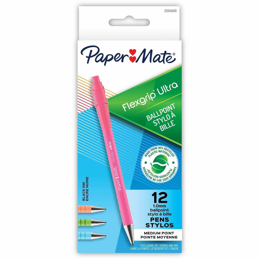 Paper Mate Flexgrip Ultra Recycled Pens, Black, Plastic, Smooth Writing, 1 Dozen, PAP2204001
