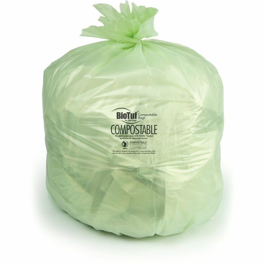 Heritage BioTuf Trash Bag, Green, Bioplast, 64 gal, Sturdy, 1 Carton, HERY9460YER01