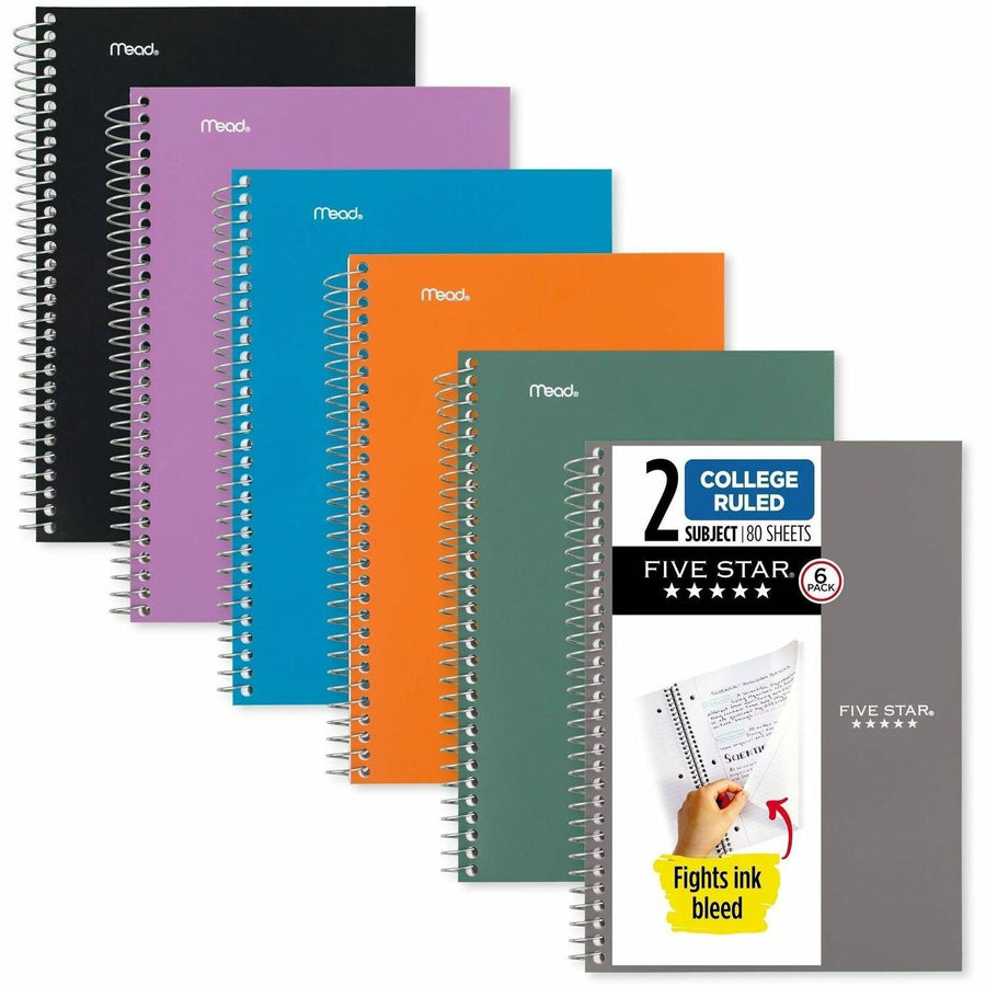 Mead College Ruled Notebook, 6" x 9.5", Plastic, Spiral, 80, Bleed Resistant, 6 / Pack, MEA840029A