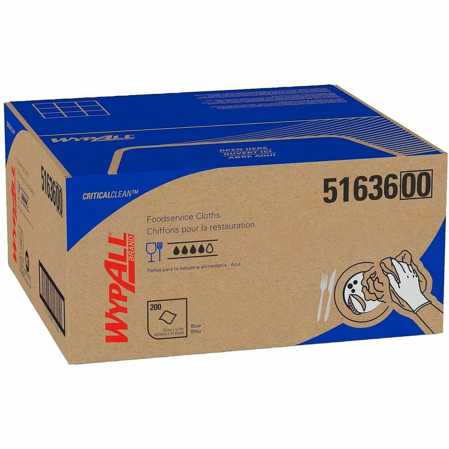 Wypall Critical Clean Foodservice Cloths, Blue, Polypropylene, Reusable, 200 / Box, KCC51636