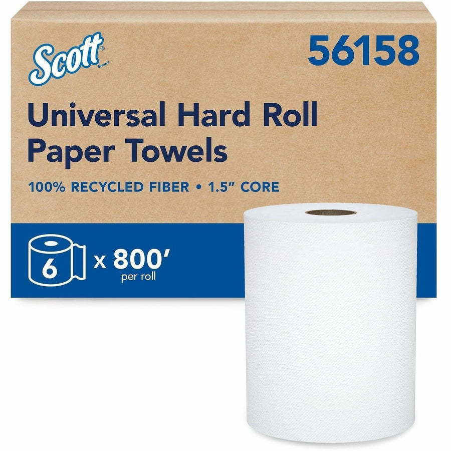 Scott® Universal 100% Recycled Fiber Hard Roll Paper Towels, White, 1 1/2", Hygienic, 6 / Carton, KCC56158