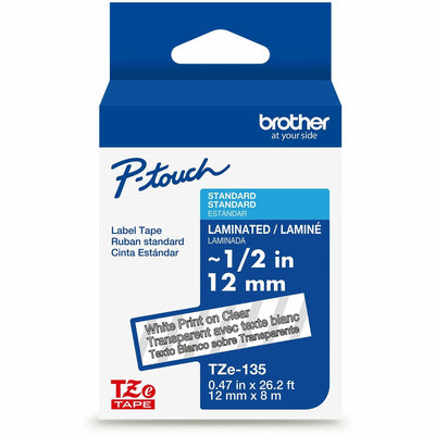 Brother Genuine P-touch TZe135 WHT on CLR Label Tape, Laminated, 12mmX8m, Clear, BRTTZE135G