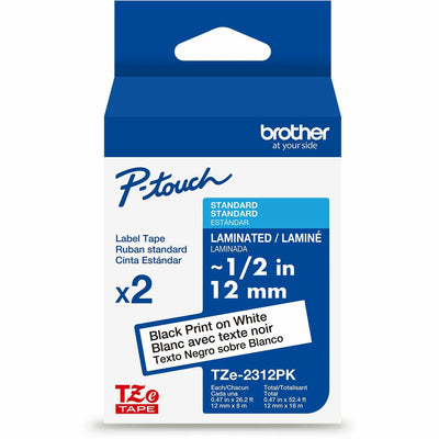 Brother Genuine P-touch TZe2312PK BK on WHT Label Tapes, Laminated, 12mmX8m each, White, 2 Pack, BRTTZE2312PKG