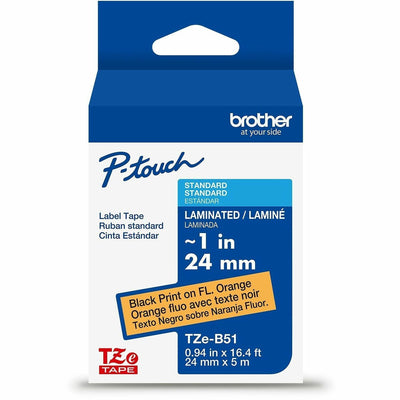 Brother Genuine P-touch TZeB51 BK on FLUOR ORG Label Tape, Laminated, 24mmX5m, Fluorescent Orange, 6EA/BX 4BX/CT — view 1