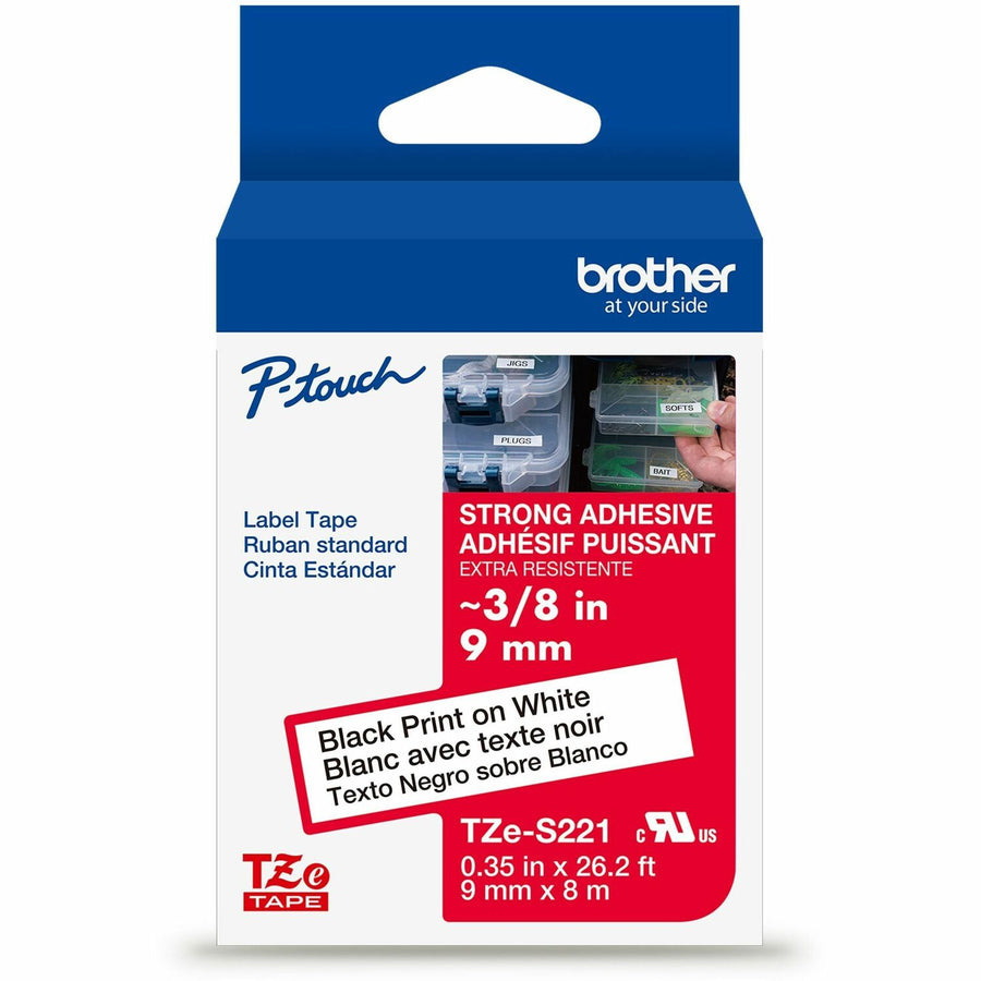 Brother Genuine P-touch TZeS221 BK on WHT Label Tape, Strong Adhesive Lam., 9mmX8m, White, 6EA/BX 4BX/CT — view 1