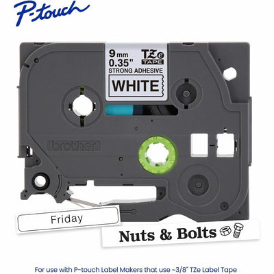 Brother Genuine P-touch TZeS221 BK on WHT Label Tape, Strong Adhesive Lam., 9mmX8m, White, BRTTZES221G