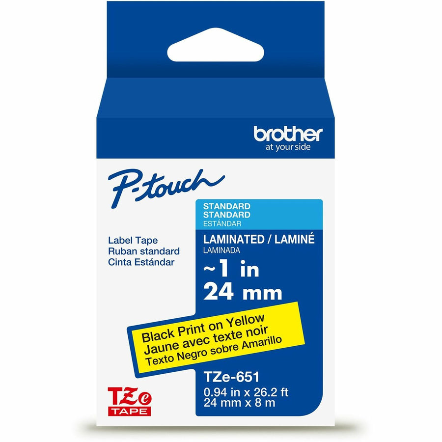 Brother Genuine P-touch TZe651 BK on YL Label Tape, Laminated, 24mmX8m, Yellow, 6EA/BX 4BX/CT — view 1