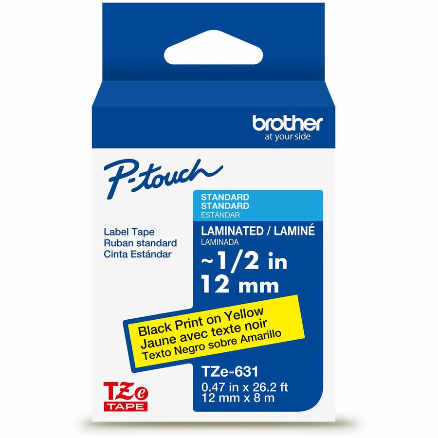 Brother Genuine P-touch TZe631 BK on YL Label Tape, Laminated, 12mmX8m, Yellow, 6EA/BX 4BX/CT — view 1