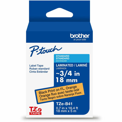 Brother Genuine P-touch TZeB41 BK on FLUOR ORG Label Tape, Laminated, 18mmX5m, Fluorescent Orange, 6EA/BX 4BX/CT — view 1