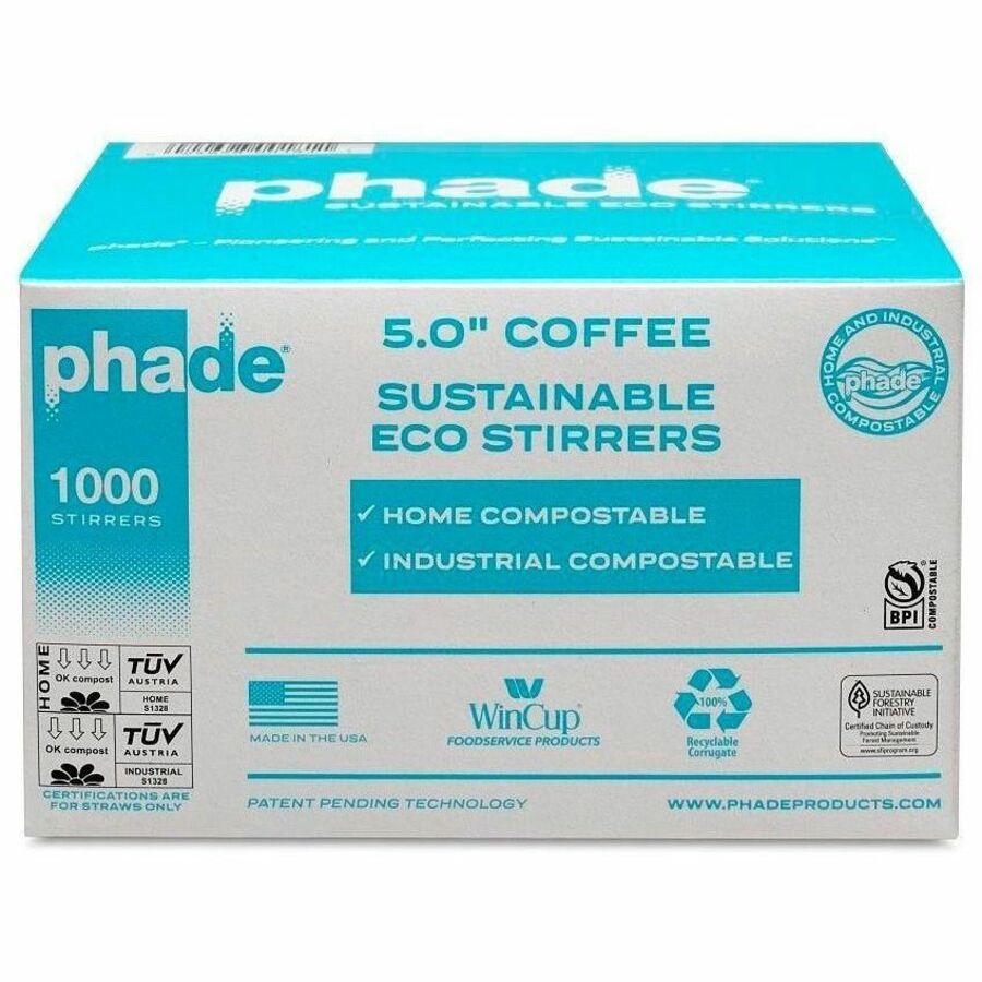 Phade 5" Eco-Stirrers, Caribbean Blue, Polyhydroxyalkanoate (PHA), Sturdy, 1000 / Box, WCP511181